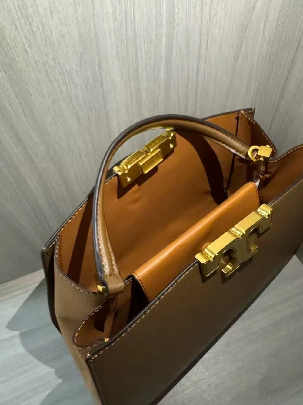 Tory Burch Tan Leather Top-Handle Satchel with Gold Logo